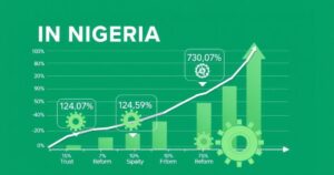 A graph illustrating Nigeria's economic growth with symbols of stability, reforms, and finance.