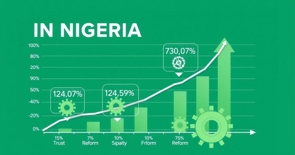 A graph illustrating Nigeria's economic growth with symbols of stability, reforms, and finance.