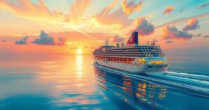 A cruise ship sailing in calm waters under a sunset sky, embodying vacation leisure and travel excitement.
