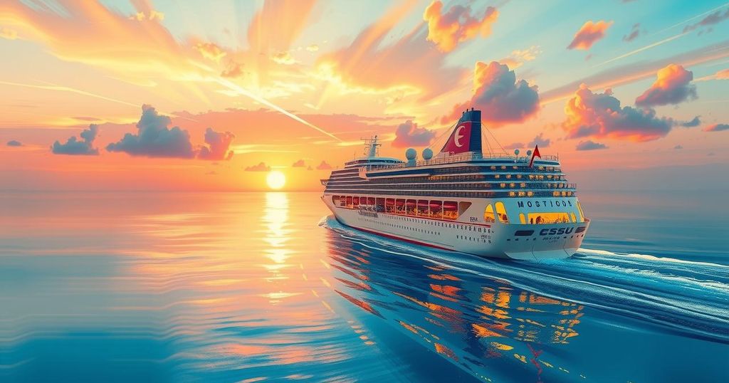 A cruise ship sailing in calm waters under a sunset sky, embodying vacation leisure and travel excitement.