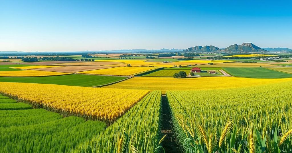Vibrant countryside with lush green wheat and soybean fields under a sunny sky, showcasing Argentina's agricultural growth.