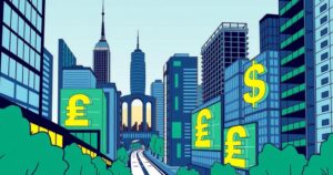 A dynamic cityscape illustration featuring abstract currency symbols set against a modern financial district backdrop.