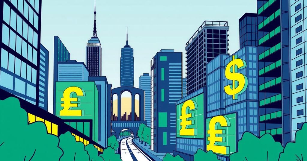 A dynamic cityscape illustration featuring abstract currency symbols set against a modern financial district backdrop.