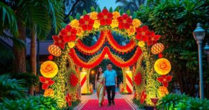 Colorful welcome arch adorned with flowers and lights, symbolizing friendship between two nations.