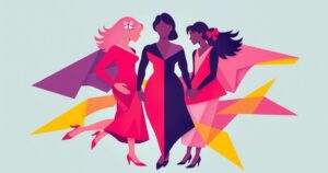 A vibrant group of abstract shapes representing female empowerment in politics, in bold colors emphasizing unity and strength.