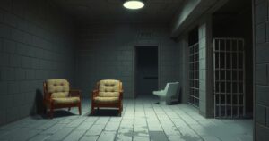 A somber depiction of a prison cell with harsh lighting and minimal furnishings, symbolizing human rights struggles.