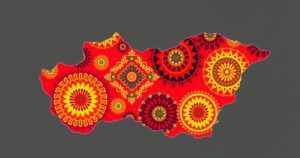 A colorful map showcasing Hungary and Uzbekistan with artistic details and a vibrant palette.