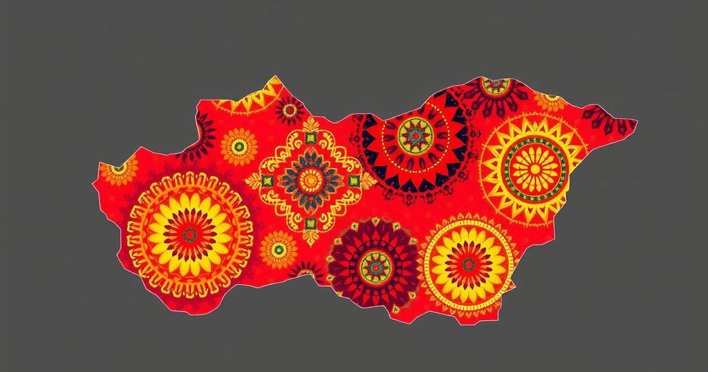 A colorful map showcasing Hungary and Uzbekistan with artistic details and a vibrant palette.