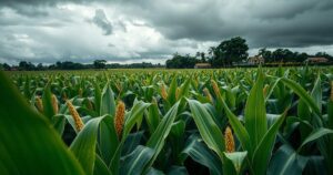 Lush green cornfield under a moody sky, showcasing late harvest conditions and vibrant agricultural landscape in Brazil.