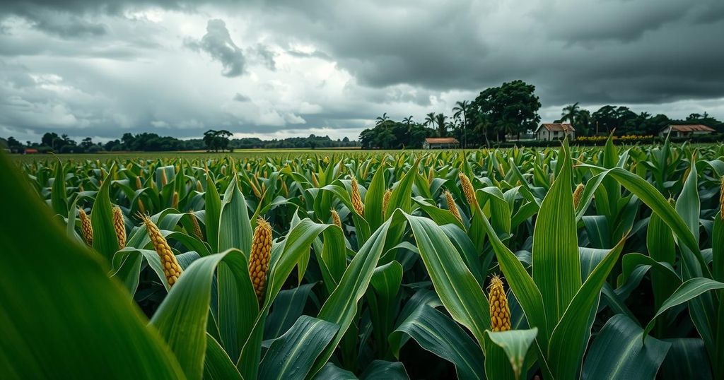 Lush green cornfield under a moody sky, showcasing late harvest conditions and vibrant agricultural landscape in Brazil.